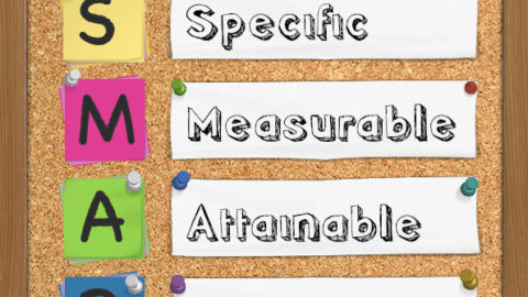 SMART (Specific, Measurable, Attainable, Relevant, Time-bound) goal setting concept presented on blackboard with colorful crumpled sticky notes and white chalk handwriting